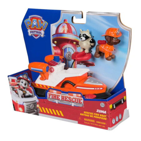 PAW Patrol Feuerrettungs-Boot mit Zuma- und Waschbärfigur in farbenfroher Verpackung.