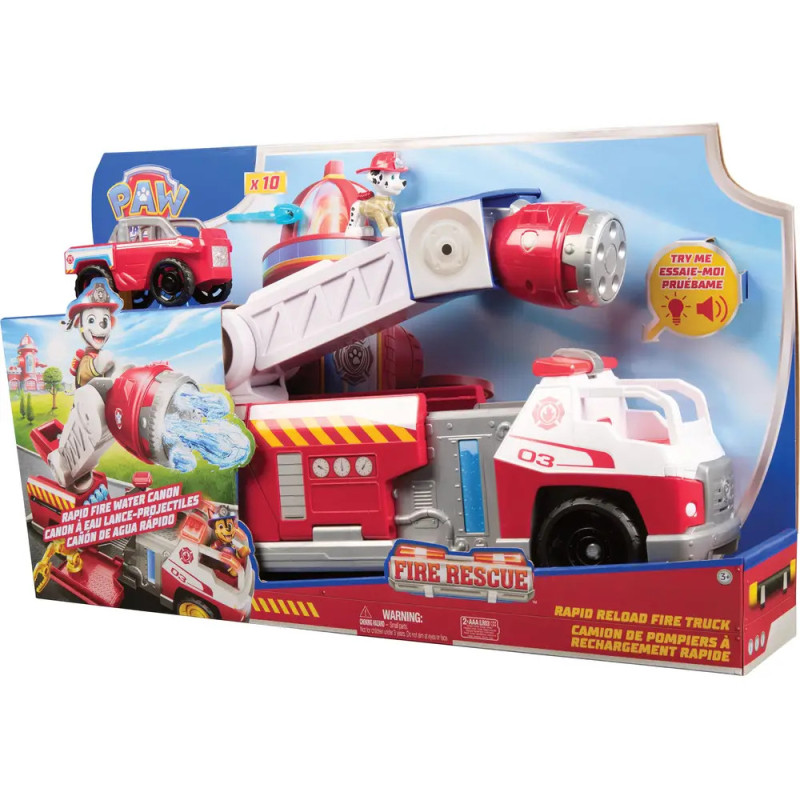 PAW Patrol Rapid Reload Feuerwehrauto im Karton mit Wasserkanone und Marshall-Figur.