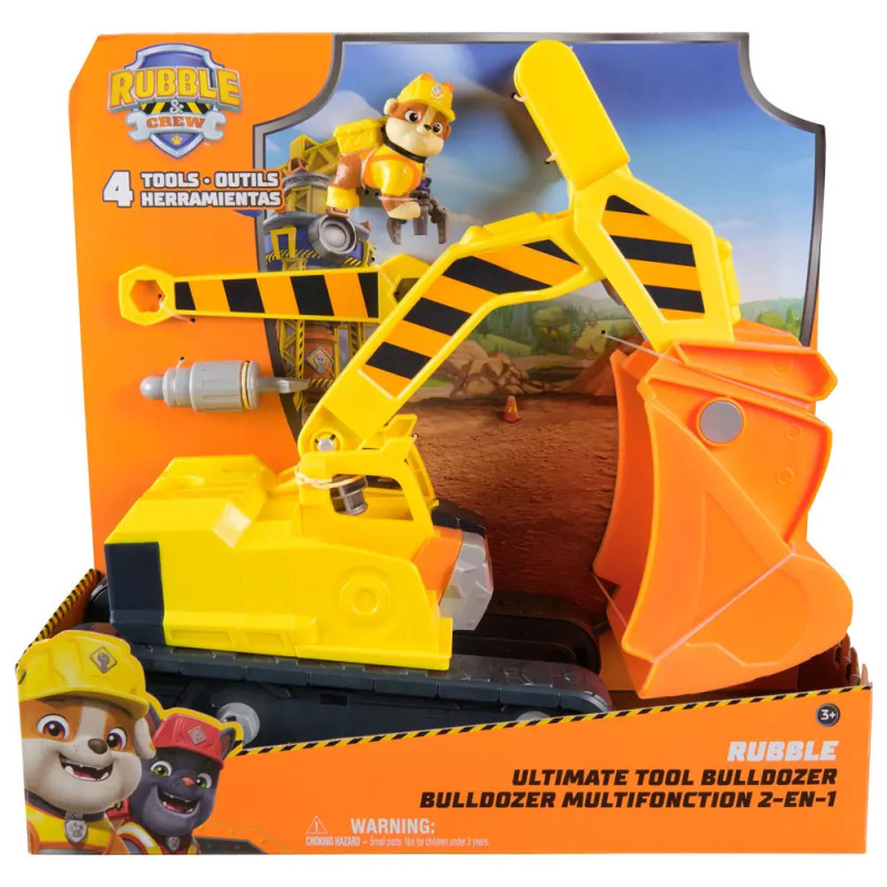 Gelb-orangefarbenes Paw Patrol Bulldozer-Spielzeug mit Comicfiguren, Verpackung beschriftet mit Rubble & Crew.