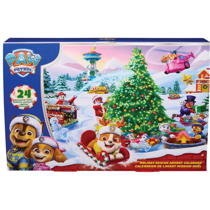 Paw Patrol Adventskalender mit Figuren, Weihnachtsbaum, Geschenken und winterlicher Schneeszene.