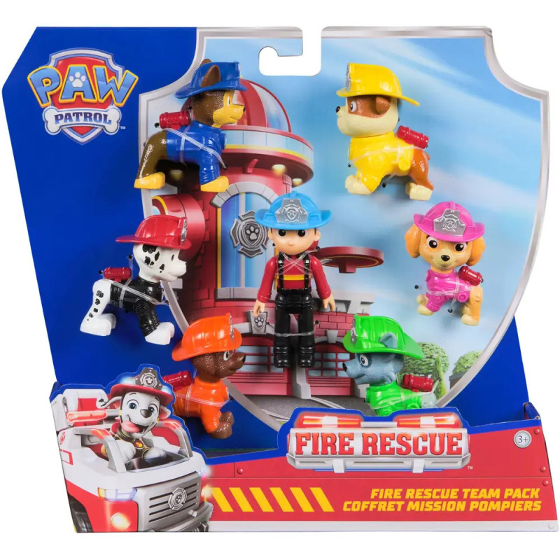 Paw Patrol Fire Rescue Spielset mit sechs Hunden und Feuerwache in bunter Verpackung.