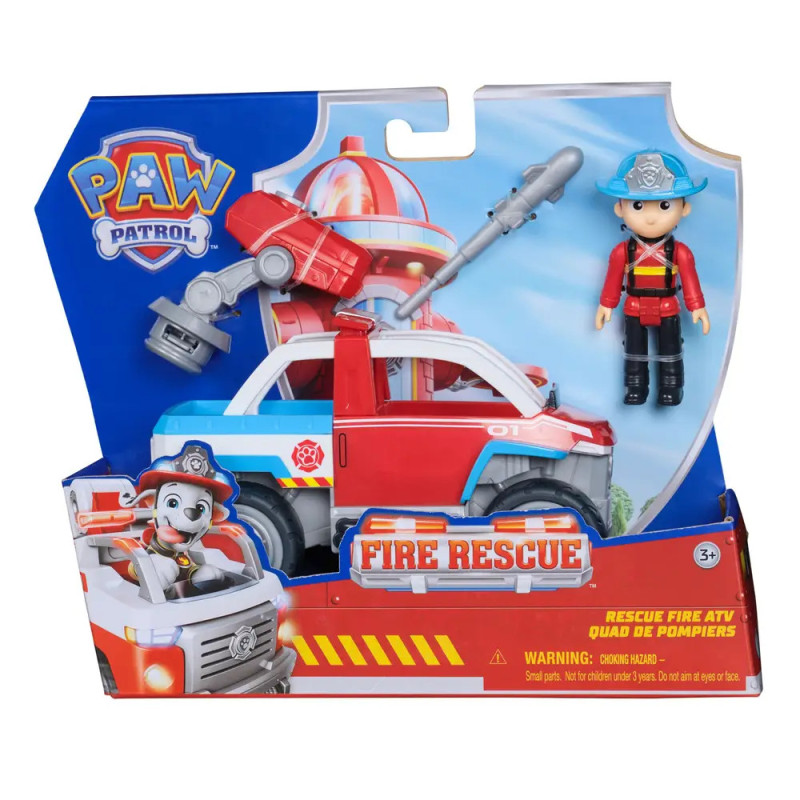 PAW Patrol Fire Rescue Spielset mit rotem Feuerwehrauto, Actionfigur und Zubehör in der Verpackung.