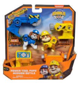 Rubble Crew Spielset mit zwei Hundefiguren, Bauhelmen und Werkzeugzubehör in der Verpackung.