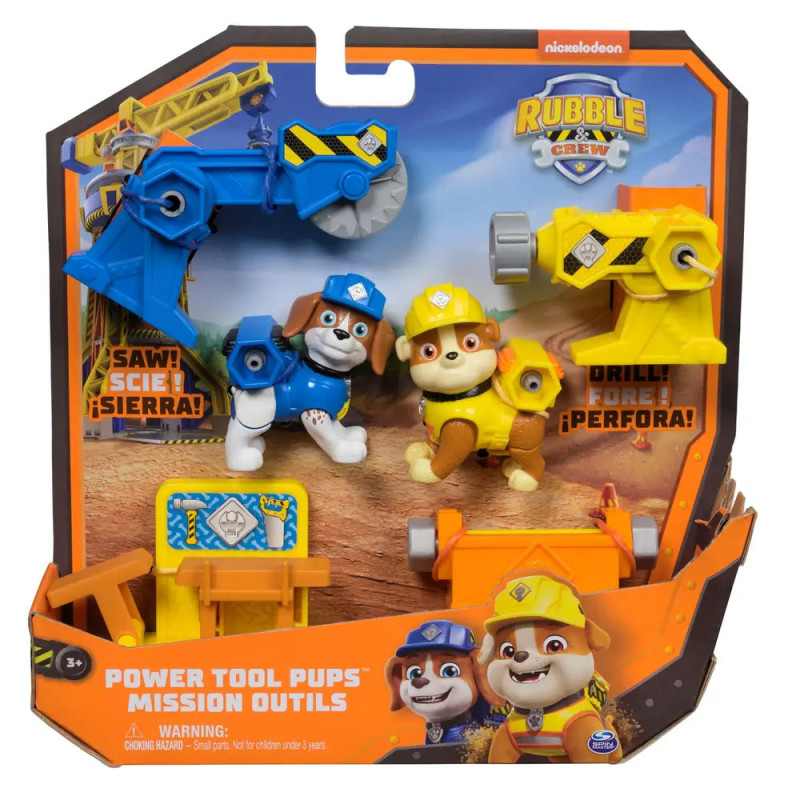 Rubble Crew Spielset mit zwei Hundefiguren, Bauhelmen und Werkzeugzubehör in der Verpackung.
