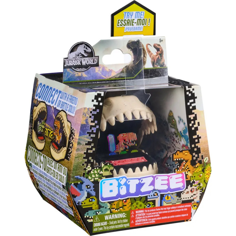 Ein Bitzee-Digitalabsauger in Dinosaurier-Verpackung mit offenem Dinomaul-Design. Ein Bitzee-Digitalabsauger in Dinosaurier-Verpackung mit offenem Dinomaul-Design.