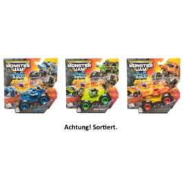 Drei Monster Jam Spielzeugautos in Blau, Grün und Orange nebeneinander in der Verpackung.