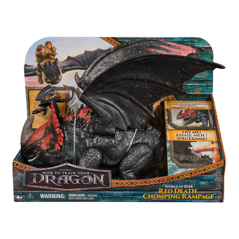 How to Train Your Dragon Red Death Rampage-Spielzeug in Originalverpackung mit Warnhinweis.