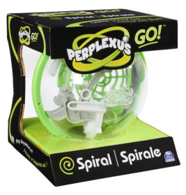 Perplexus GO! Spiral-Puzzle in grüner Verpackung, das plastische Labyrinth ist im Ball sichtbar.