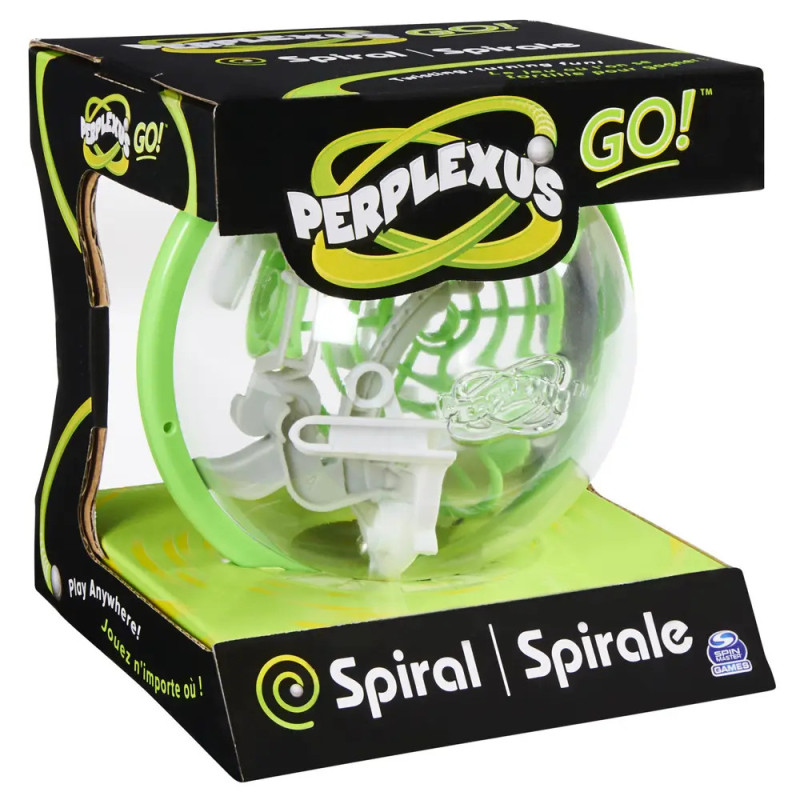 Perplexus GO! Spiral-Puzzle in grüner Verpackung, das plastische Labyrinth ist im Ball sichtbar.