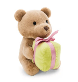 Ein brauner Plüsch-Teddybär hält ein grünes Geschenk mit rosa Schleife.