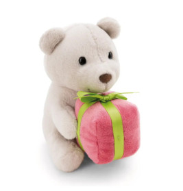 Ein Plüschteddy hält eine rosa Geschenkbox mit grünem Band vor weißem Hintergrund.