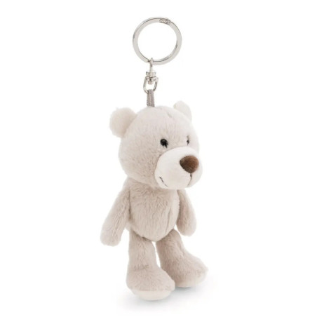 Plüsch-Teddybär-Schlüsselanhänger mit Metallring, stehend auf weißem Hintergrund.