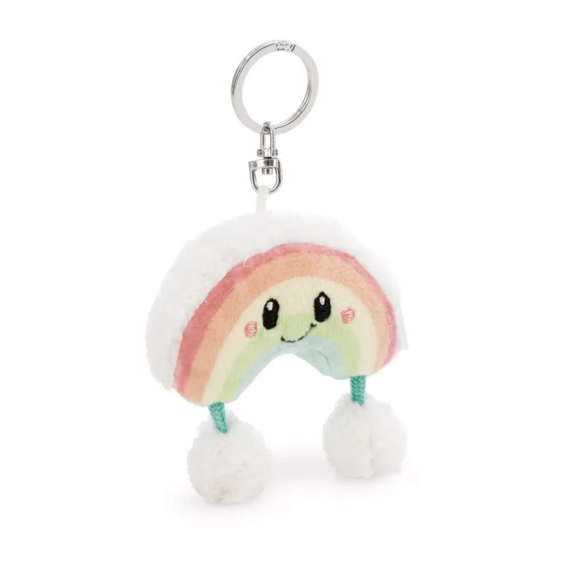 Plüsch-Regenbogen-Anhänger mit lächelndem Gesicht und zwei weißen Pompons am unteren Ende.