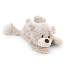 Ein plüschiger, hellgrauer Teddybär liegt flach mit ausgestreckten Beinen und brauner Nase.