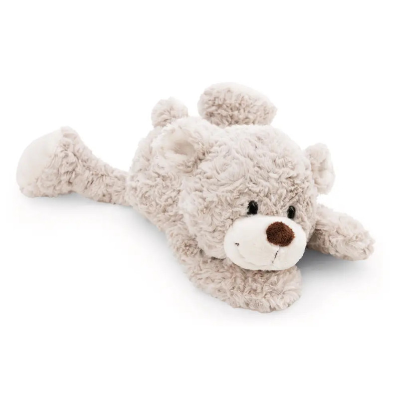 Ein plüschiger, hellgrauer Teddybär liegt flach mit ausgestreckten Beinen und brauner Nase.