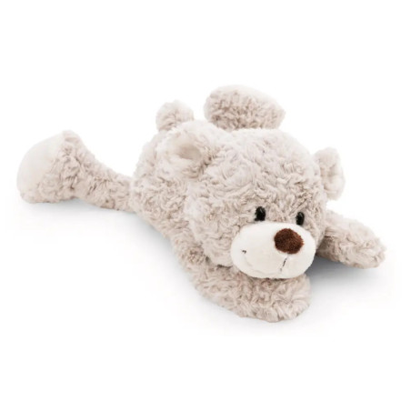 Ein plüschiger, hellgrauer Teddybär liegt flach mit ausgestreckten Beinen und brauner Nase.