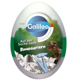 Galileo Discovery Ei-Spielzeug mit Dinosaurier, Werkzeug und dem Text Auf der Suche nach Dinosauriern.