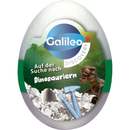 Galileo Discovery Ei-Spielzeug mit Dinosaurier, Werkzeug und dem Text Auf der Suche nach Dinosauriern.