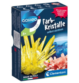 Galileo Lab Kristallzucht-Set von Clementoni, auf der Box gelbe und rote Kristalle abgebildet.