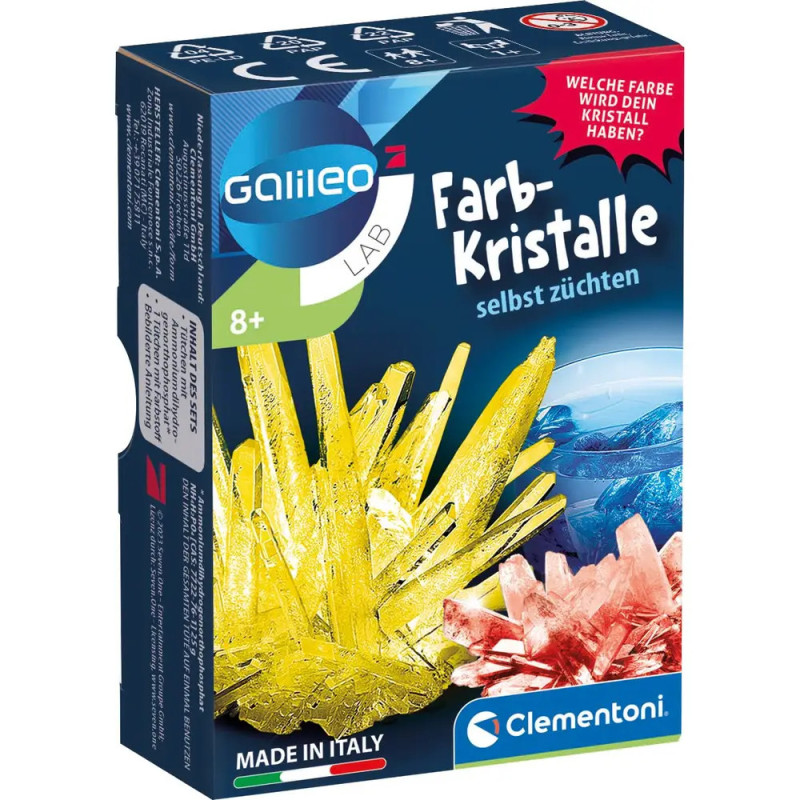 Galileo Lab Kristallzucht-Set von Clementoni, auf der Box gelbe und rote Kristalle abgebildet.