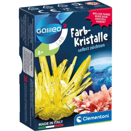 Galileo Lab Kristallzucht-Set von Clementoni, auf der Box gelbe und rote Kristalle abgebildet.