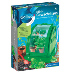 Galileo Lab Mini-Gewächshaus Set für Kinder: kleine grüne Box mit Pflanzen im Gewächshaus.