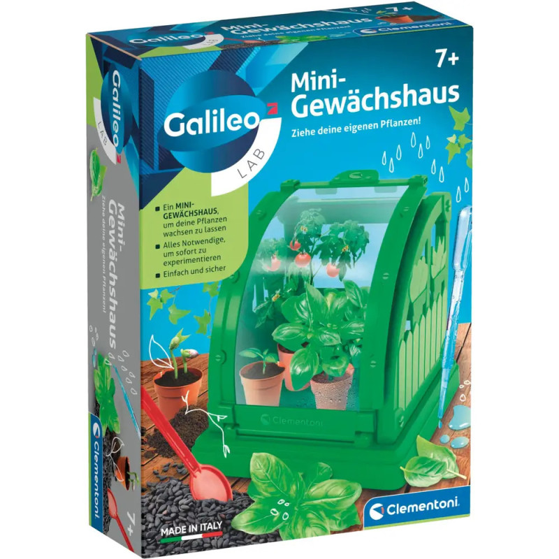 Galileo Lab Mini-Gewächshaus Set für Kinder: kleine grüne Box mit Pflanzen im Gewächshaus.