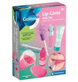 Galileo Lab Lip-Gloss Mini-Set für Kinder ab 8 Jahren, mit abgebildeten Zutaten und Werkzeugen auf der Verpackung.