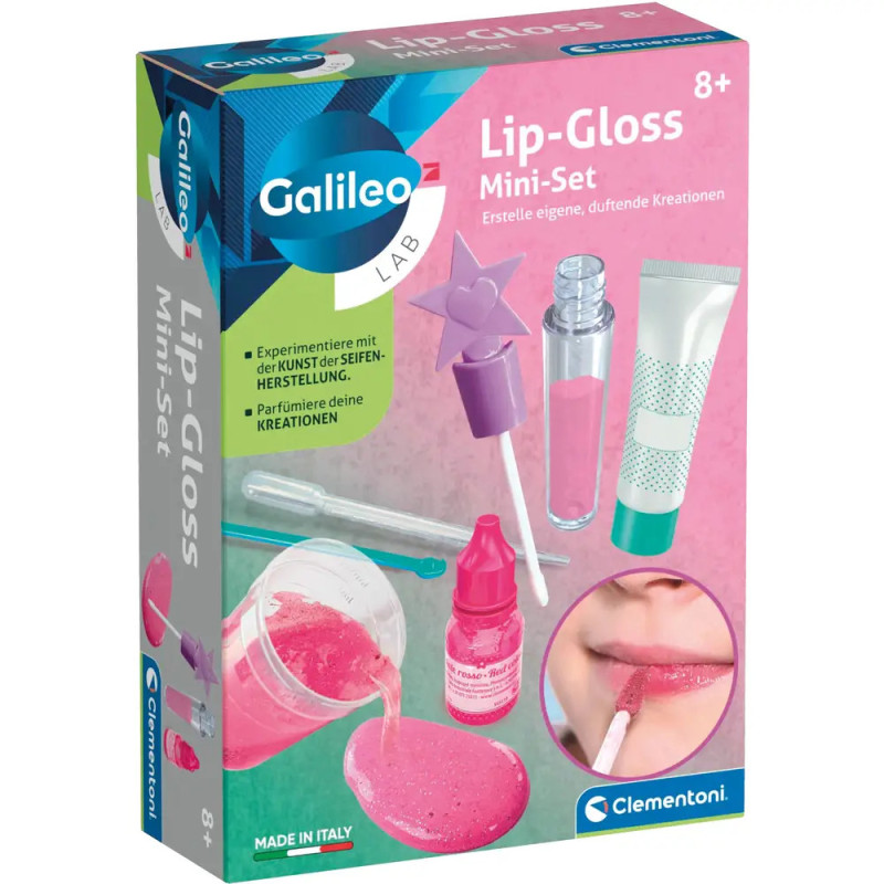 Galileo Lab Lip-Gloss Mini-Set für Kinder ab 8 Jahren, mit abgebildeten Zutaten und Werkzeugen auf der Verpackung.
