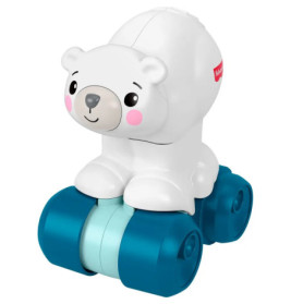 Weißes Bären-Spielzeug mit blauen Rädern und lächelndem Gesicht, für Kleinkinder gestaltet.
