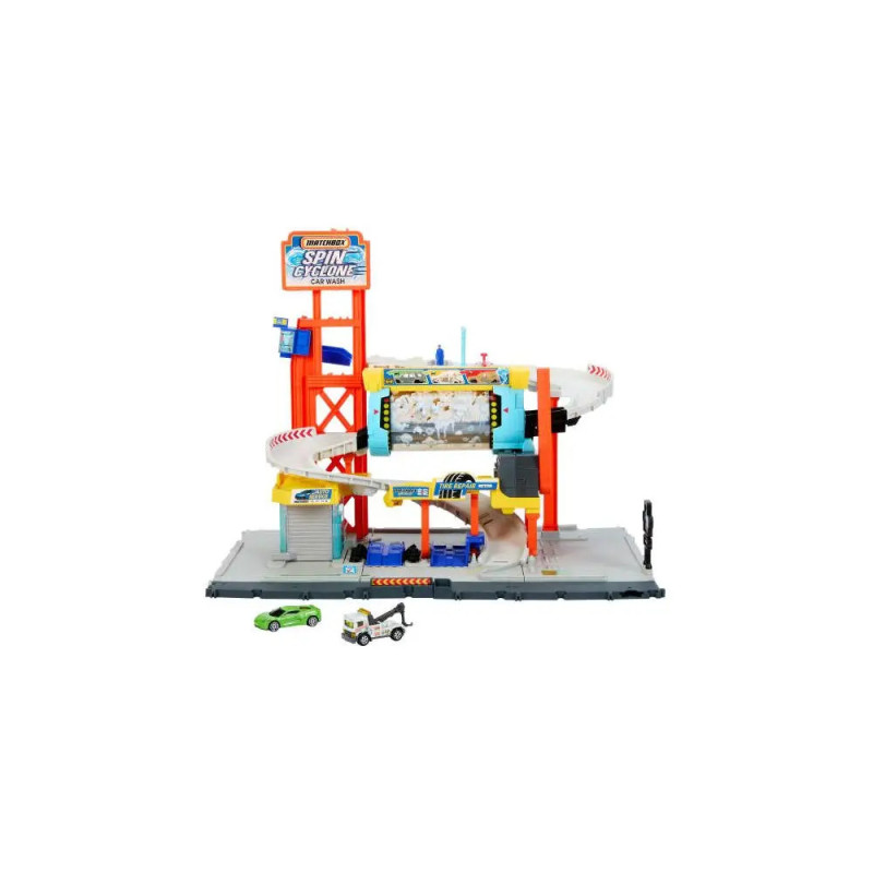 Hot Wheels Spin City Spielset mit Rampe, Aufzug, Autowaschanlage und drei Autos auf grauer Basis. Hot Wheels Spin City Spielset mit Rampe, Aufzug, Autowaschanlage und drei Autos auf grauer Basis.
