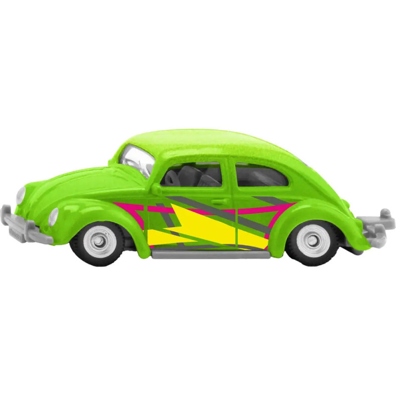 Grünes Spielzeugauto mit gelb-pinken Mustern an der Seite, von links betrachtet.