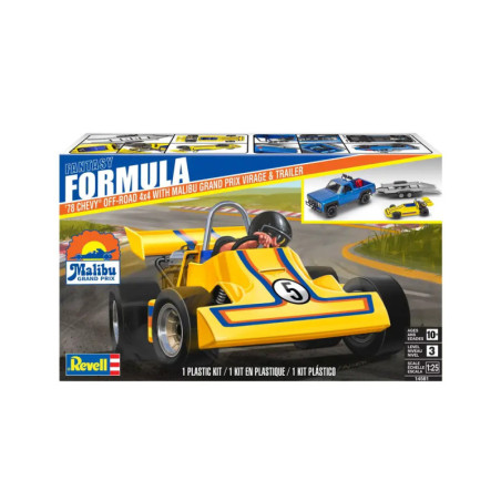 Revell Modellbausatz mit gelb-blauem Rennwagen, Anhänger und Formel-Schriftzug auf der Box.