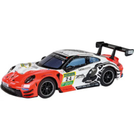 Rotes und weißes Spielzeug-Rennauto mit schwarzem Heckspoiler, Rennaufklebern und der Nummer 24 an der Seite.