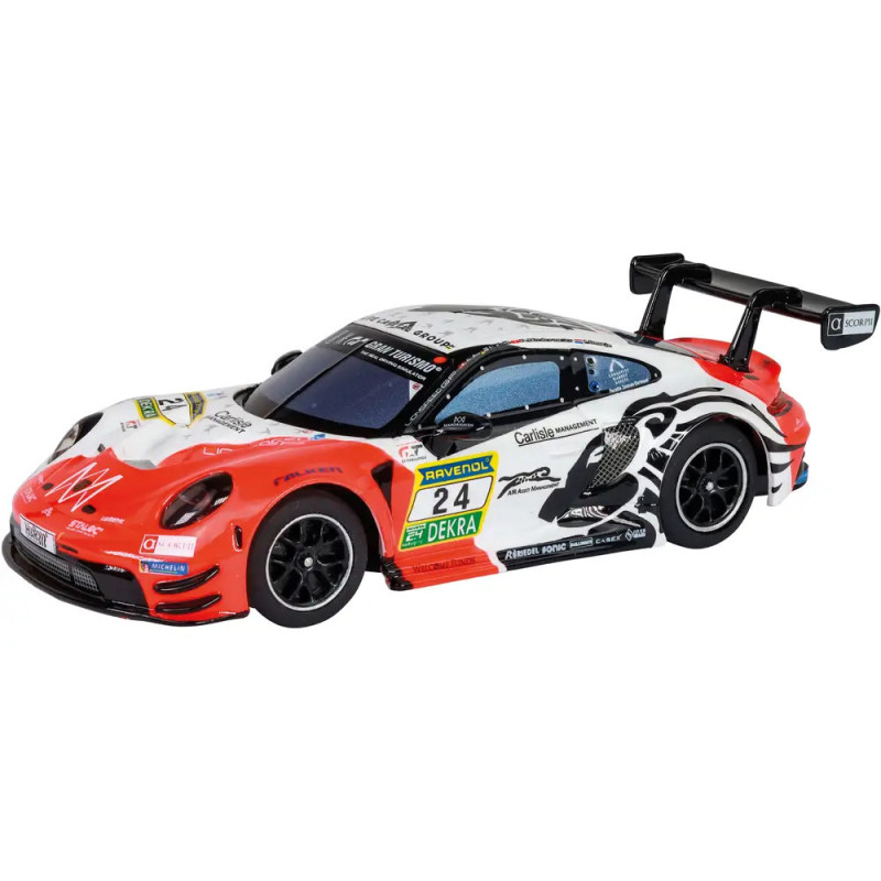 Rotes und weißes Spielzeug-Rennauto mit schwarzem Heckspoiler, Rennaufklebern und der Nummer 24 an der Seite. Rotes und weißes Spielzeug-Rennauto mit schwarzem Heckspoiler, Rennaufklebern und der Nummer 24 an der Seite.