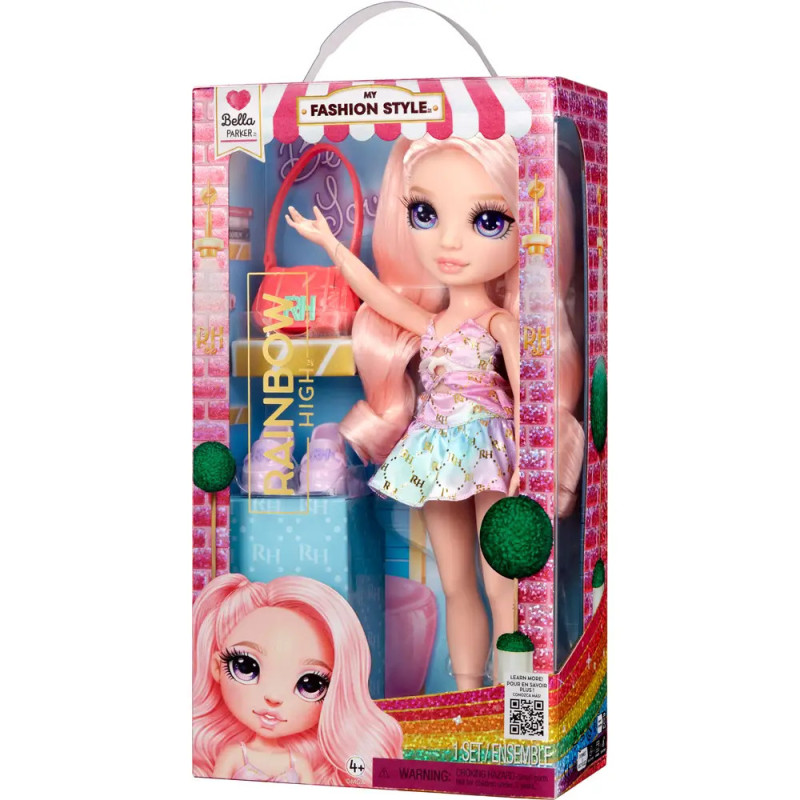 Modepuppe mit langen pinken Haaren, buntem Outfit und in einer farbenfrohen Regenbogenbox.