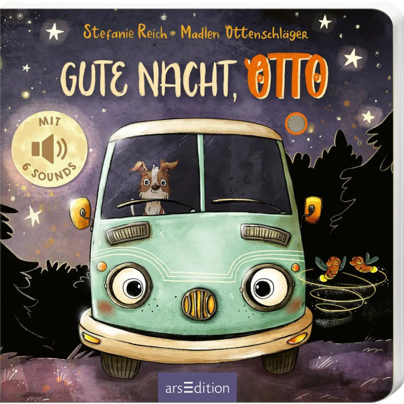 Hund Otto sitzt nachts im grünen Van, umgeben von Bäumen und Glühwürmchen Buchcover. Hund Otto sitzt nachts im grünen Van, umgeben von Bäumen und Glühwürmchen Buchcover.