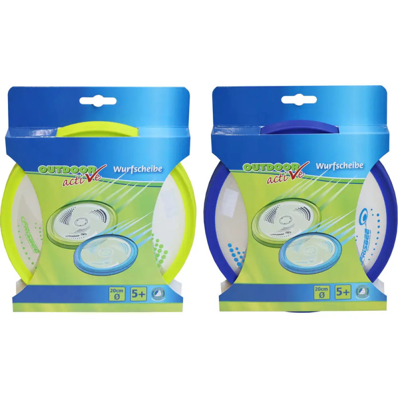 Zwei verpackte Outdoor-Frisbees, gelb und blau, in blauen und grünen Boxen ausgestellt.