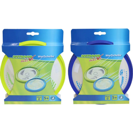 Zwei verpackte Outdoor-Frisbees, gelb und blau, in blauen und grünen Boxen ausgestellt.