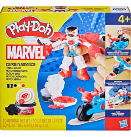 Play-Doh Marvel Captain America Moto-Slicer Spielset mit rot-weiß-blauer Figur und Zubehör.