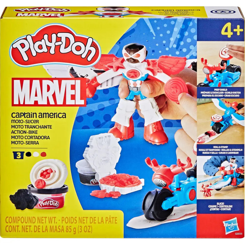 Play-Doh Marvel Captain America Moto-Slicer Spielset mit rot-weiß-blauer Figur und Zubehör. Play-Doh Marvel Captain America Moto-Slicer Spielset mit rot-weiß-blauer Figur und Zubehör.