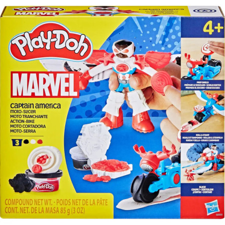 Play-Doh Marvel Captain America Moto-Slicer Spielset mit rot-weiß-blauer Figur und Zubehör.