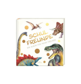Schulfreunde-Album mit Dinosauriern und goldenen Punkten auf dem Cover. Titelschrift auf Deutsch.