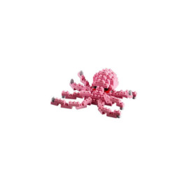 Eine rosa Spinne aus Steckbausteinen vor weißem Hintergrund.