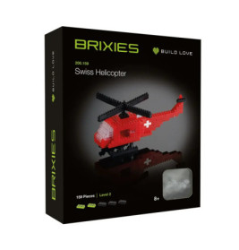 Brixies Swiss Helicopter Bausatzbox mit rotem Helikoptermodell aus kleinen Bausteinen.