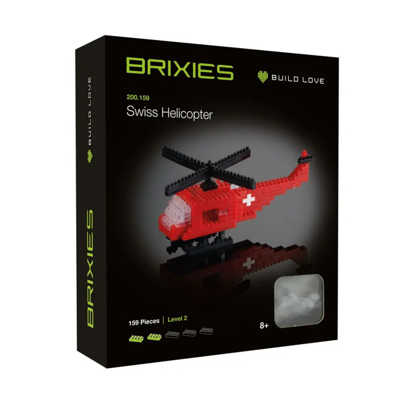 Brixies Swiss Helicopter Bausatzbox mit rotem Helikoptermodell aus kleinen Bausteinen. Brixies Swiss Helicopter Bausatzbox mit rotem Helikoptermodell aus kleinen Bausteinen.