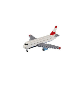 Kleines Flugzeug aus überwiegend weißen, roten und grauen Kunststoffbausteinen.