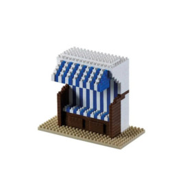 Miniatur-Marktstand aus Bausteinen mit blau-weiß gestreiftem Dach und braunem Unterbau.