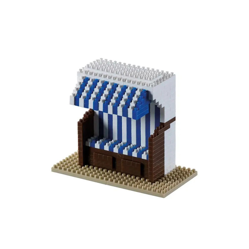 Miniatur-Marktstand aus Bausteinen mit blau-weiß gestreiftem Dach und braunem Unterbau. Miniatur-Marktstand aus Bausteinen mit blau-weiß gestreiftem Dach und braunem Unterbau.