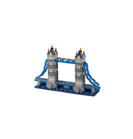 Kleines Modell der Tower Bridge aus Kunststoffsteinen mit blauem Sockel und grauen Türmen.